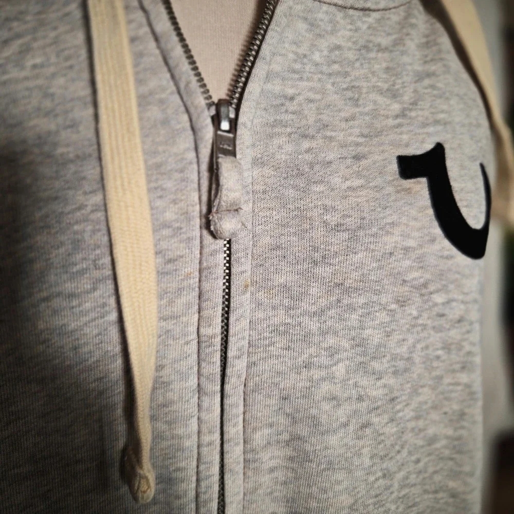 True Religion Zip Up Hoodie Mens 3XL Grey World Tour Buddha Logo Distressed Y2K